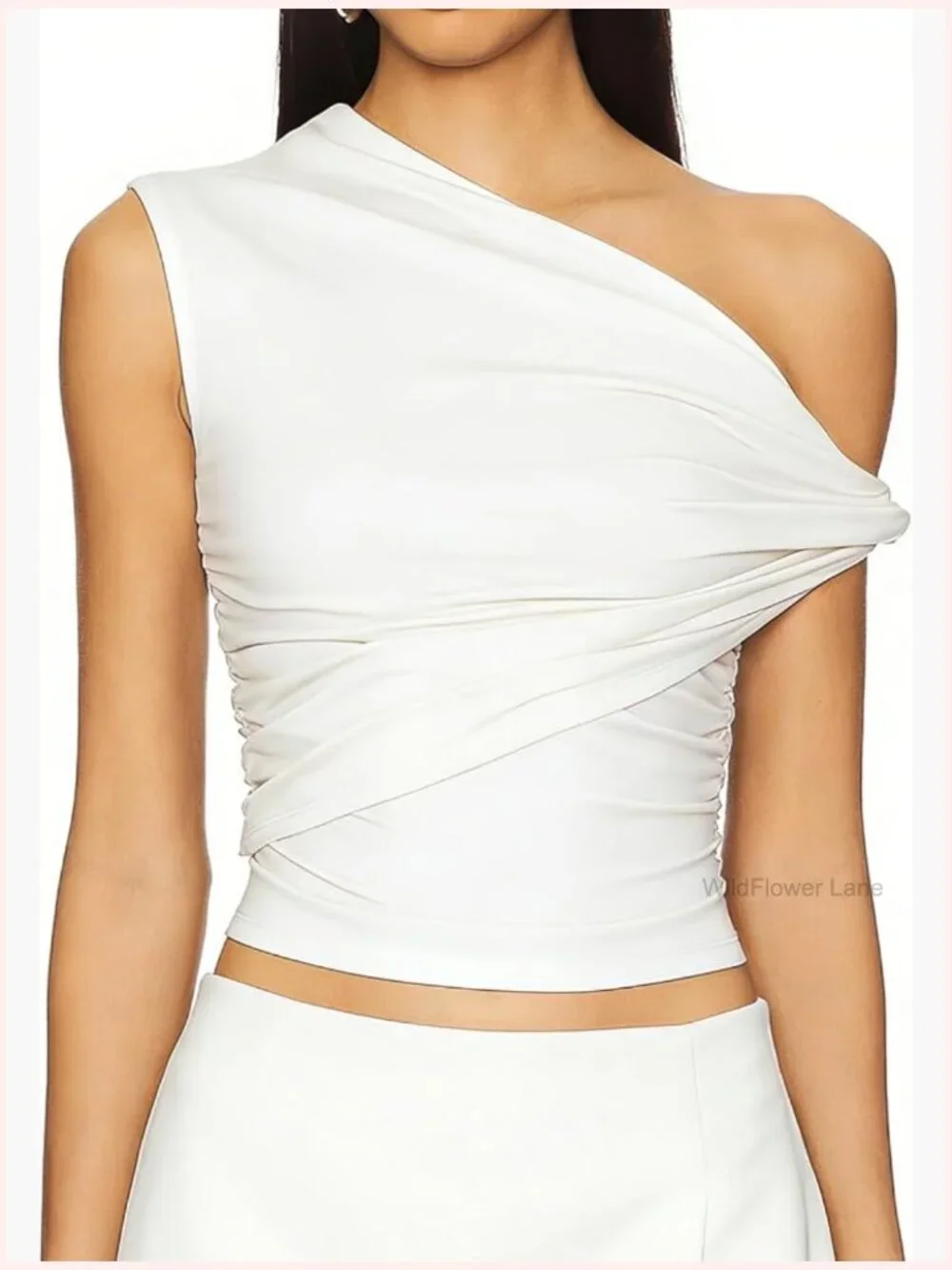 Off Shoulder Crop Top Sleeveless Twisted Strap Double Layered Asymmetrical - Picture 1 of 4